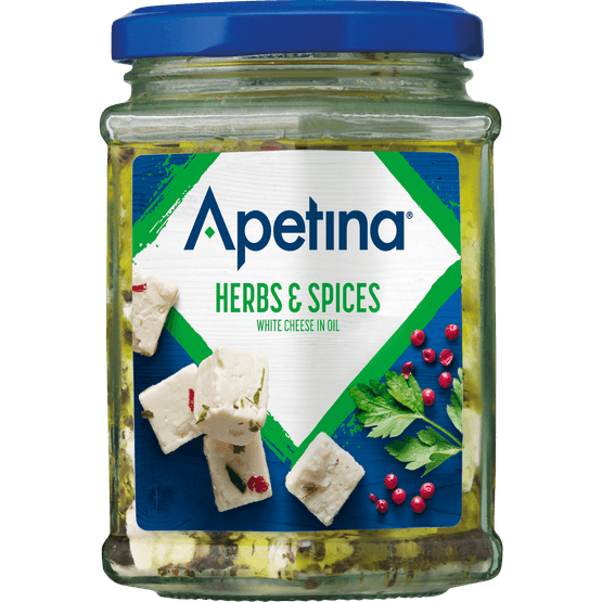 Foto van Apetina Classic 45+ kaasblokjes in olie op witte achtergrond