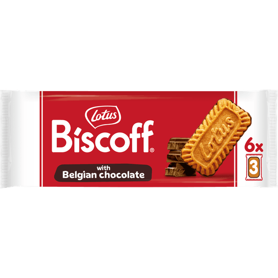 Foto van Lotus Biscoff speculoos met chocolade 6x3 st. op witte achtergrond