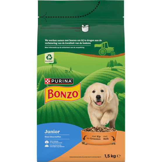 Foto van Bonzo Hondenvoer junior kip-groenten op witte achtergrond