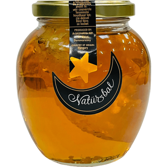 Foto van Naturbal Honing syrup met raat op witte achtergrond