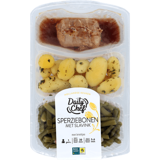 Foto van Daily Chef Sperziebonen met slavink en krieltjes op witte achtergrond