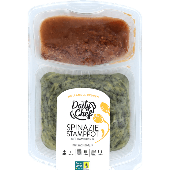 Foto van Daily Chef Spinaziestamppot met hamburger op witte achtergrond