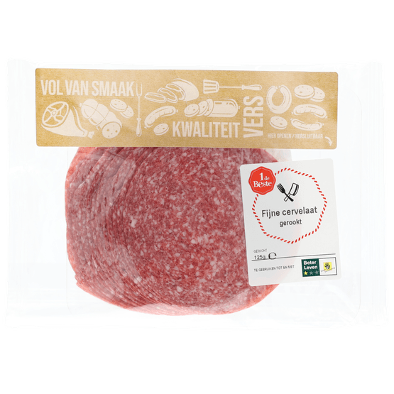 Foto van 1 de Beste Fijne cervelaat gerookt op witte achtergrond