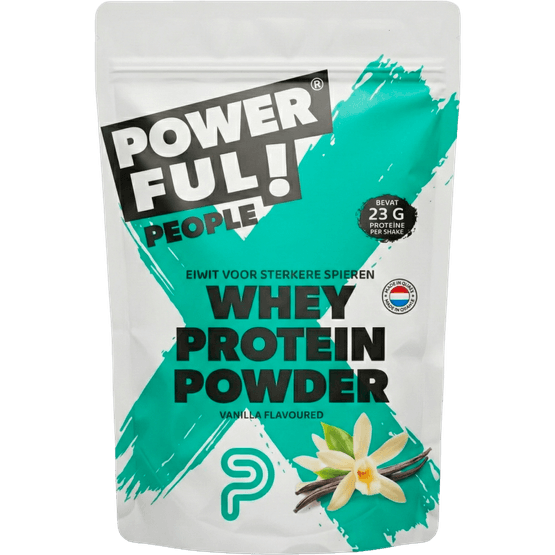 Foto van POWERFUL! PEOPLE Protein shake vanille op witte achtergrond