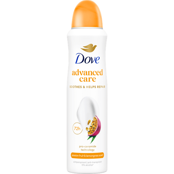 Foto van Dove Deospray passion fruit op witte achtergrond
