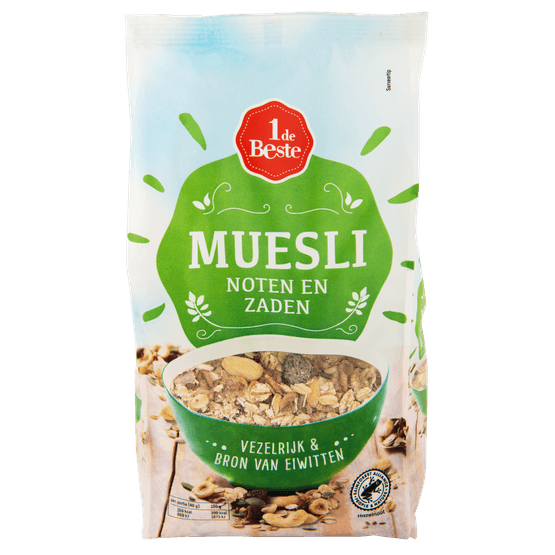 Foto van 1 de Beste Muesli noten en zaden op witte achtergrond