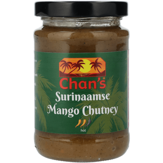 Foto van Chan's Surinaamse mango chutney op witte achtergrond