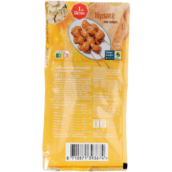 Foto van 1 de Beste Kipsate in pindasaus op witte achtergrond