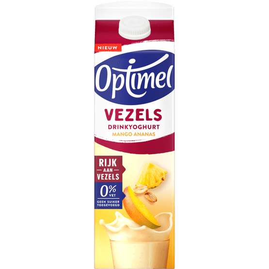 Foto van Optimel Drinkyoghurt vezels mango ananas op witte achtergrond