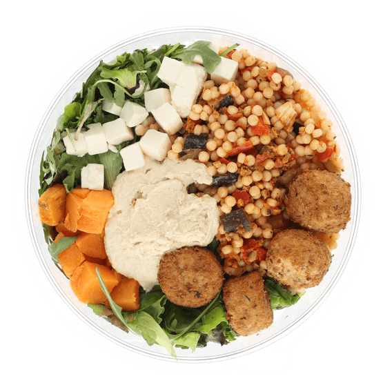 Foto van Healthy Hide Maaltijdsalade falafel zoete aardappel op witte achtergrond