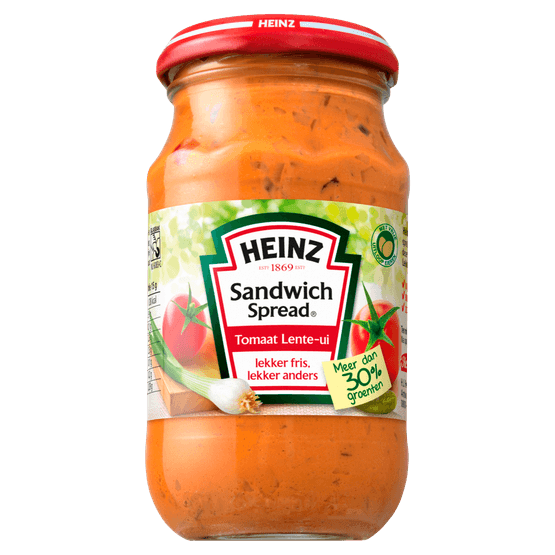 Foto van Heinz Sandwich spread tomaat en lente-ui op witte achtergrond
