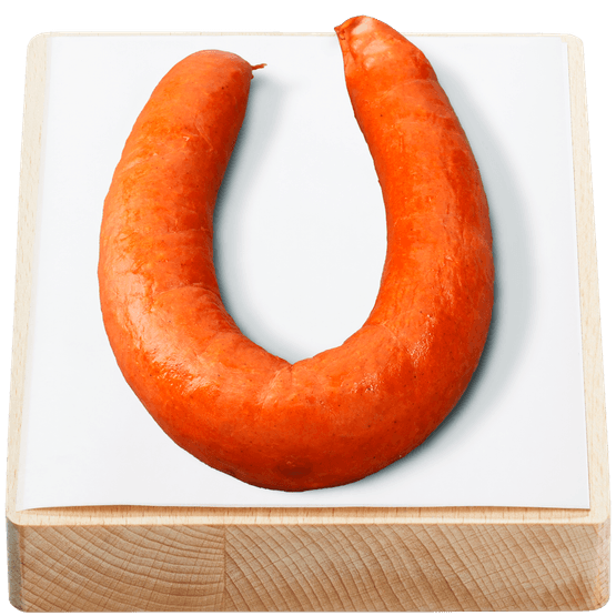 Foto van Vleeschmeesters Actie rookworst varken op witte achtergrond