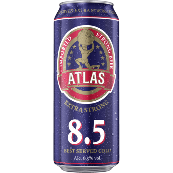 Foto van Atlas 8.5 extra strong beer op witte achtergrond