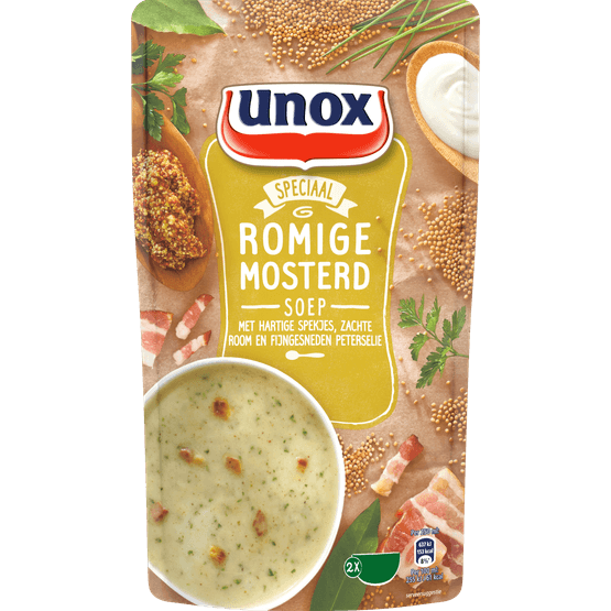 Foto van Unox Soep in zak romige mosterdsoep op witte achtergrond