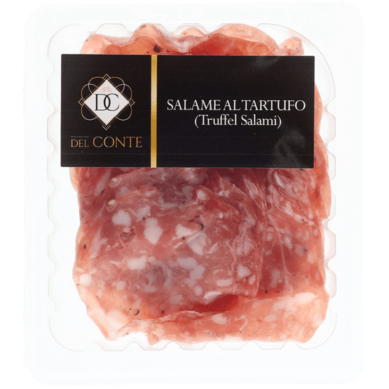 Foto van Del Conte Truffelsalami op witte achtergrond