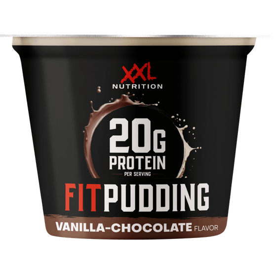 Foto van XXL Fit Protein pudding vanille chocolade op witte achtergrond