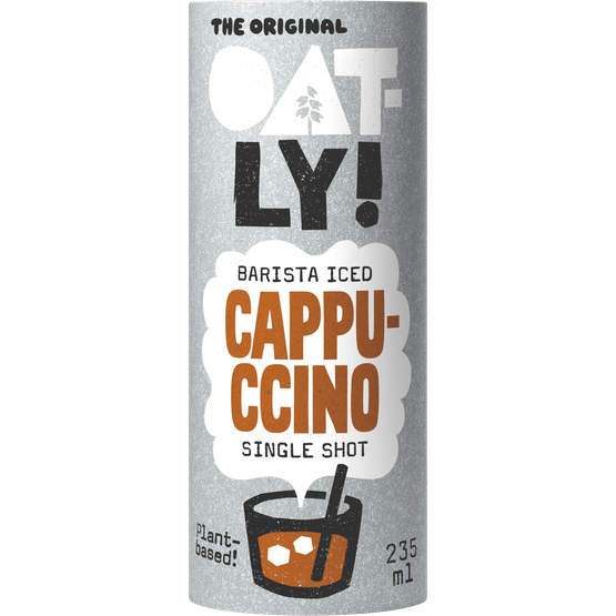 Foto van Oatly Ijskoffie barista iced cappuccino op witte achtergrond