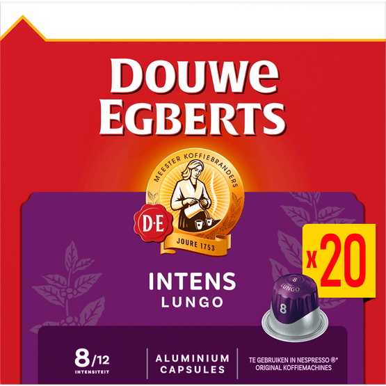 Foto van Douwe Egberts Lungo Intens koffiecups voordeelpak op witte achtergrond