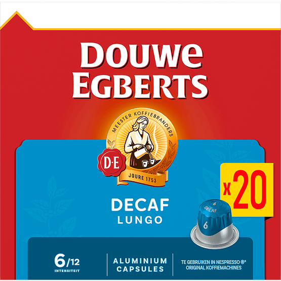 Foto van Douwe Egberts Koffiecups lungo decaf sterkte 6 op witte achtergrond