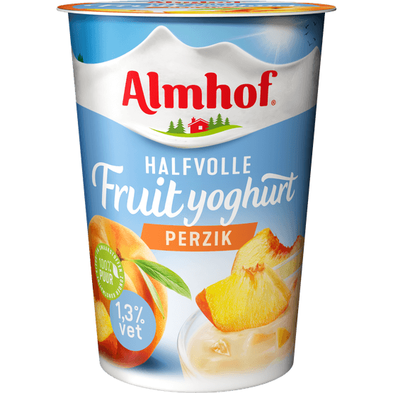 Foto van Almhof Halfvolle fruityoghurt perzik op witte achtergrond