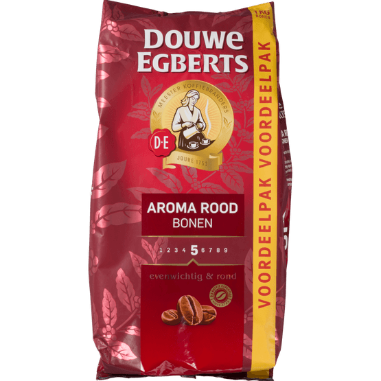Foto van Douwe Egberts Koffiebonen aroma rood sterkte 5 op witte achtergrond