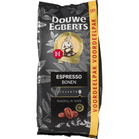 Foto van Douwe Egberts Koffiebonen espresso sterkte 9 op witte achtergrond