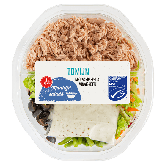 Foto van 1 de Beste Maaltijdsalade tonijn op witte achtergrond
