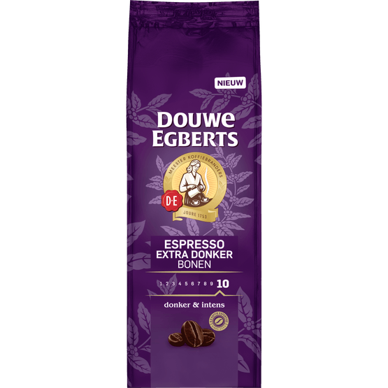 Foto van Douwe Egberts Koffiebonen espresso extra donker op witte achtergrond