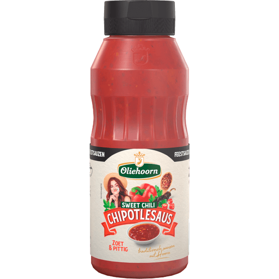 Foto van Oliehoorn Chipottlesaus chili op witte achtergrond