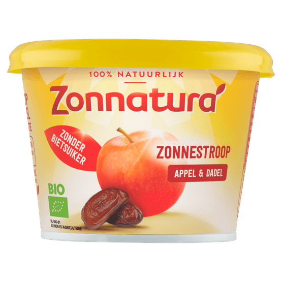 Foto van Zonnatura Bio zonnestroop appel dadel op witte achtergrond