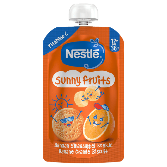 Foto van Nestlé Sunny fruits knijpfruit op witte achtergrond