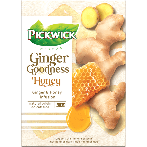 Foto van Pickwick Ginger goodness honey kop 15 zk op witte achtergrond