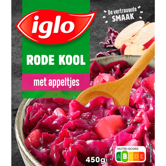 Foto van Iglo Rode kool met appel deelblokjes op witte achtergrond
