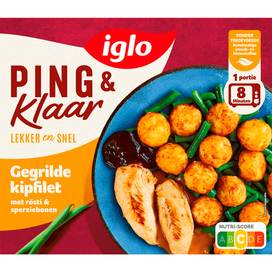 Foto van Iglo Gegrilde kipfilet ping & klaar met rosti en sperziebonen op witte achtergrond