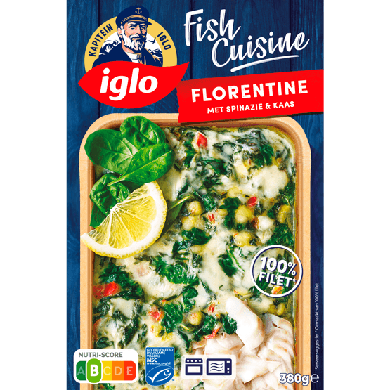 Foto van Iglo Fish cuisine florentine spinazie en kaas op witte achtergrond