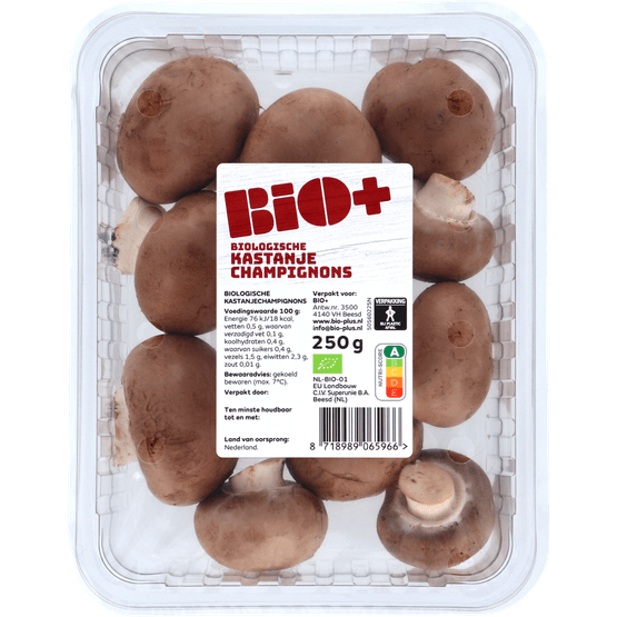 Foto van Bio+ Kastanje champignons bio op witte achtergrond