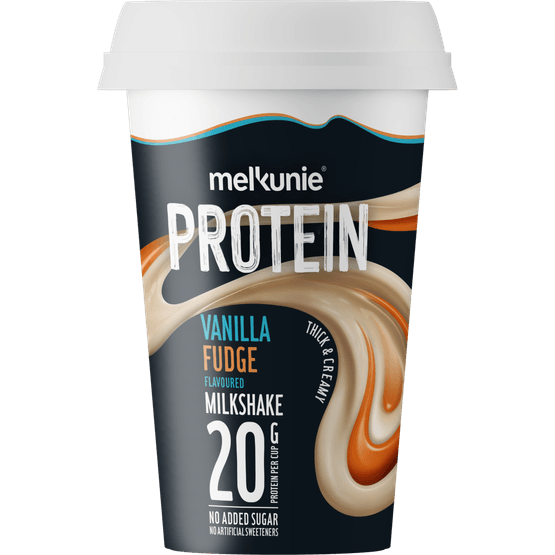 Foto van Melkunie Milkshake protein vanille fudge op witte achtergrond