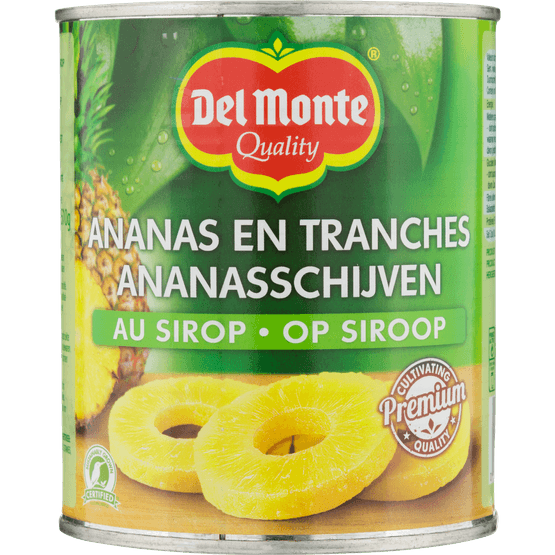 Foto van Del Monte Ananasschijven op siroop op witte achtergrond