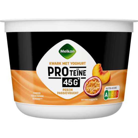 Foto van Melkan Proteine kwark perzik passievrucht op witte achtergrond