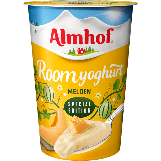 Foto van Almhof Roomyoghurt meloen op witte achtergrond
