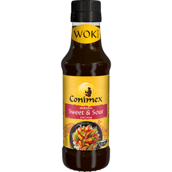 Foto van Conimex Woksaus sweet & sour op witte achtergrond