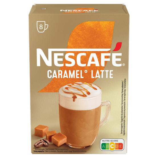 Foto van Nescafé Oploskoffie caramel latte 8 koppen op witte achtergrond