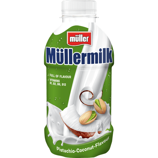 Foto van Müllermilk pistache kokosnoot op witte achtergrond