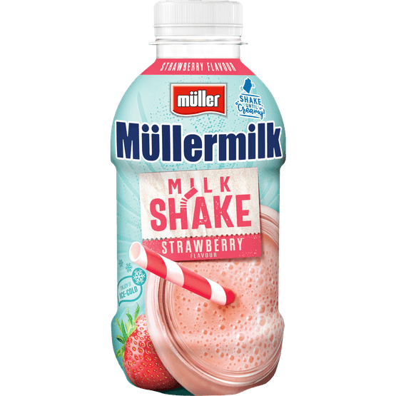 Foto van Müllermilk Milkshake aardbei op witte achtergrond