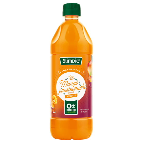 Foto van Slimpie Limonadesiroop mango-passievrucht 0% op witte achtergrond