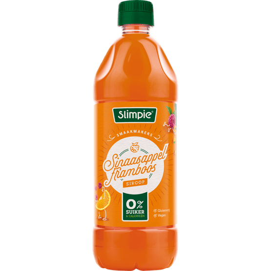 Foto van Slimpie Limonadesiroop sinaasappel-framboos op witte achtergrond