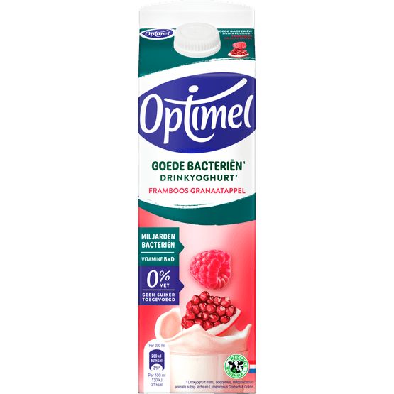 Foto van Optimel Drinkyoghurt goede bacteriën framboos granaatappel op witte achtergrond