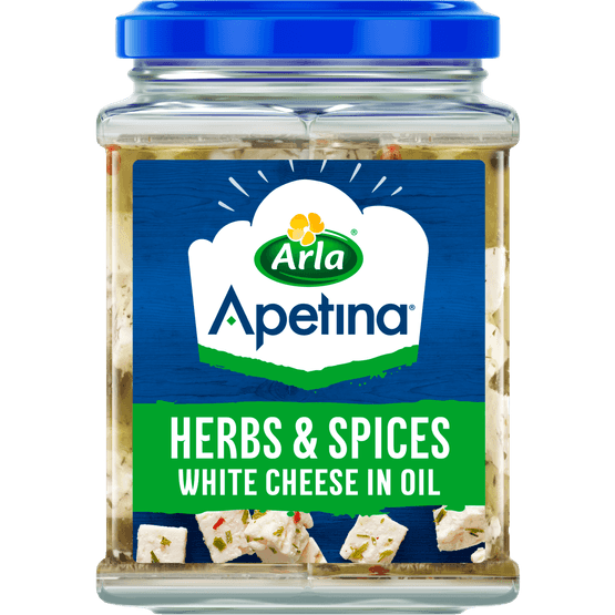 Foto van Apetina Classic 45+ kaasblokjes in olie op witte achtergrond