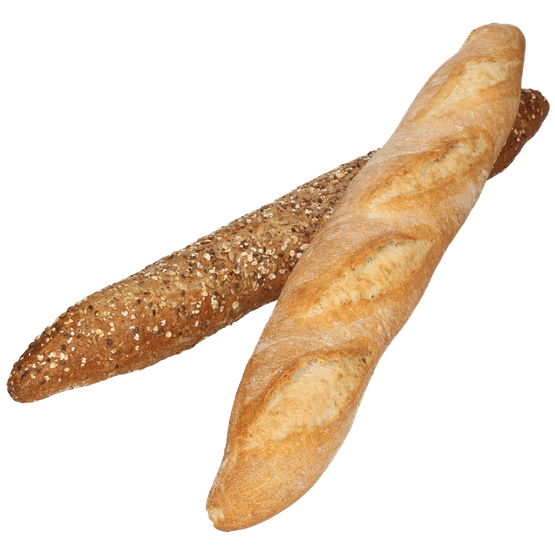 Foto van Vers afbak Stokbrood meergranen rustiek op witte achtergrond