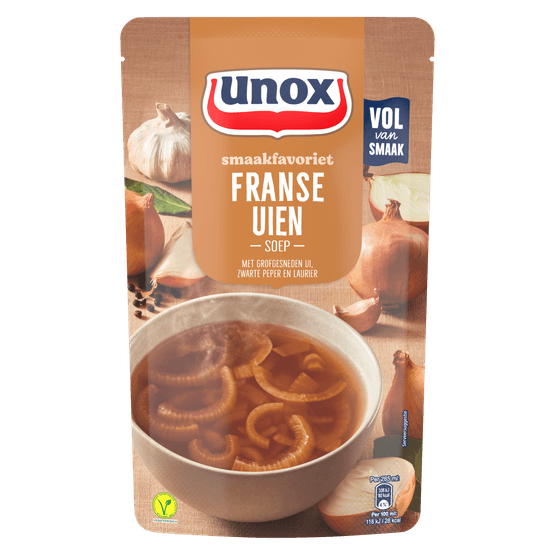 Foto van Unox Soep in zak Franse uiensoep op witte achtergrond